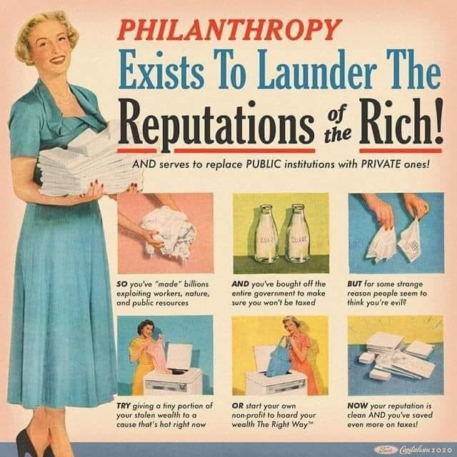 retro info card on how Philanthropy exists to launder the reputations of the rich
